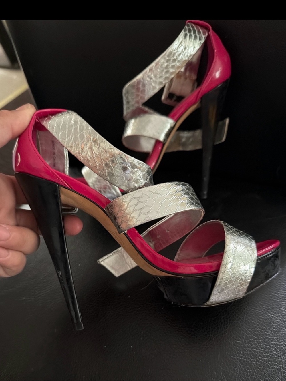 Y2K bebe silver snake print & hot pink platform stilettos